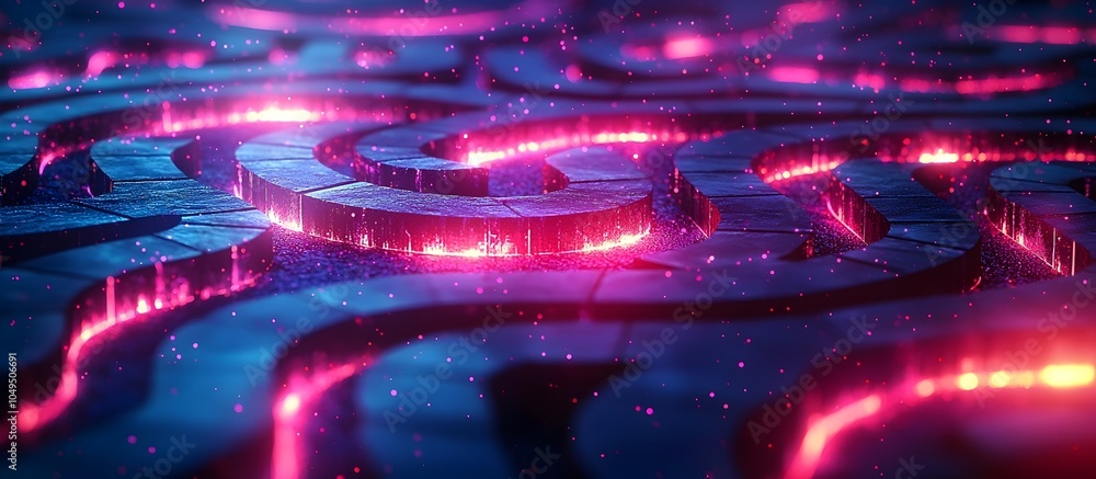Poster an abstract close-up of a glowing maze, illuminated by vibrant pink and purple lights, creating a fu