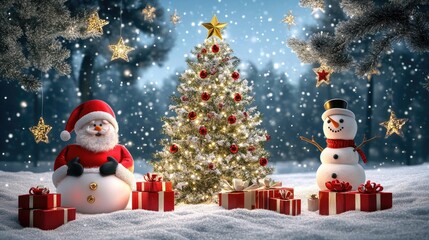 Fototapeta premium Christmas tree and santa Claus and snowman and gifts flat design front view North Pole theme 3D render