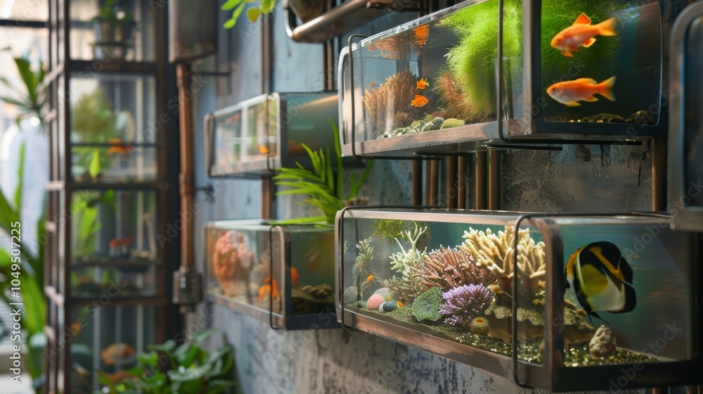 Aufkleber an industrialstyle wall shelf with small cubeshaped aquariums attached creating a captivating displa