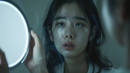 Young Asian Woman with Concerned Expression Examining Dark Spot on Skin - Mirror Reflection in Beauty Care Focus