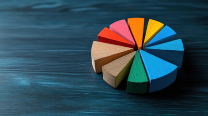 Obraz premium Colorful Wooden Pie Chart on Blue Background