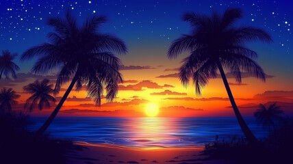 Night view with palm trees on the beach. Trendy and creative summer tropical background