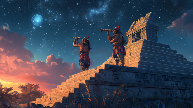Ancient mayan astronomers observing celestial events. Mayan Observatory. Illustration