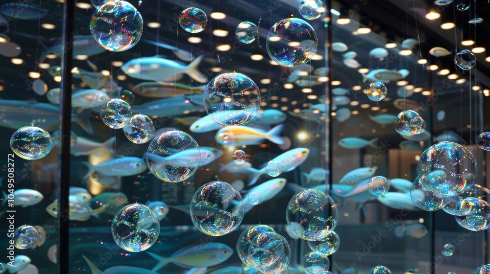 Poster a whimsical fish tank setup with transparent bubbles of various sizes creating the illusion of a flo