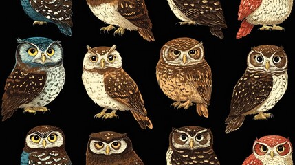 owls faces in various colors and poses, seamless pattern, clever, friendly, and funny on black background