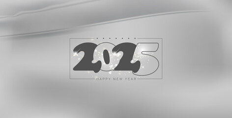 A cheerful New Year 2025 card set against a silver backdrop, symbolizes hope and happiness for the upcoming year