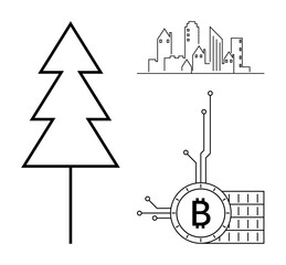 Simple line art shows a pine tree, a city skyline, and a Bitcoin symbol with electronic connections. Ideal for nature, urbanization, cryptocurrency, technology, and minimalism themes. Black and white