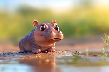 A cute baby hippopotamus with large eyes in a cartoon style, sitting on the ground near water in the savannah, smiling at the viewer
