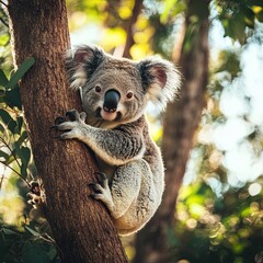 Obraz premium Beautiful wild Koala portrait hanging between trees in national park
