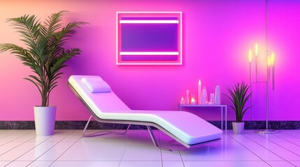 Create a relaxing ambiance with neon decor and modern lounge furniture to elevate your space
