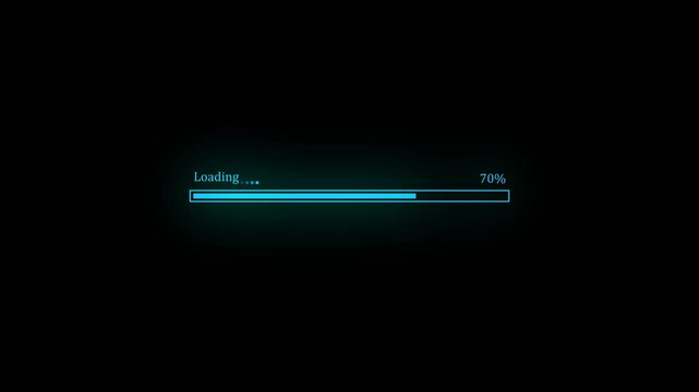 Loading bar downloading progress animation transfer 0-100 on black background.