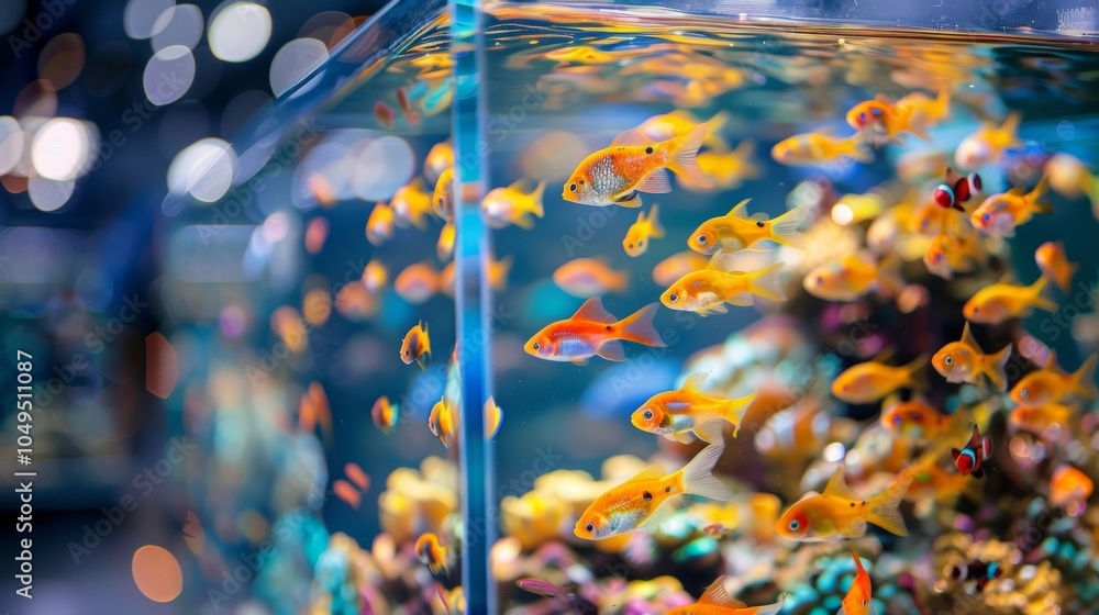 Poster a side table made of clear acrylic with small colorful fish swimming inside creating the illusion of