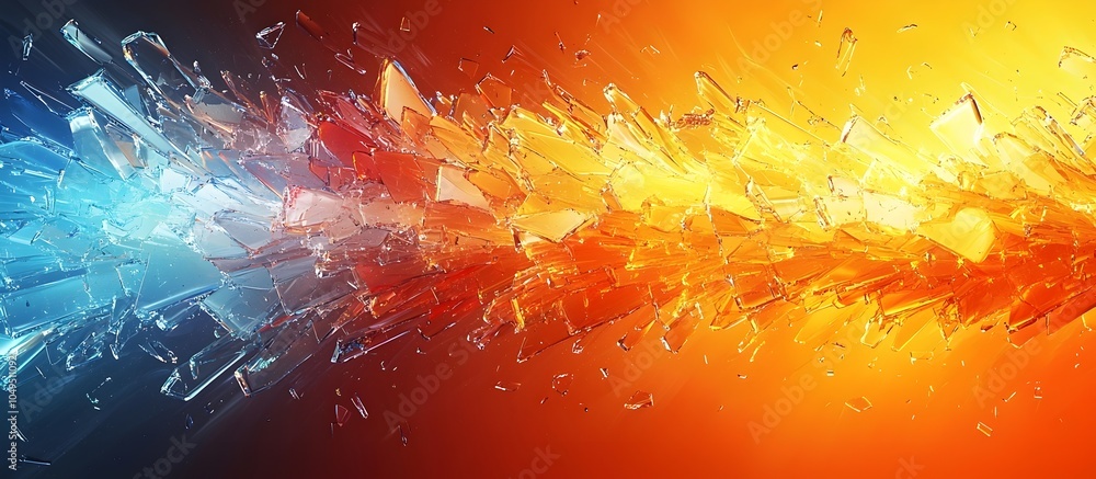 Poster abstract image depicting a burst of colorful shards, blending vivid blue and fiery orange hues, crea