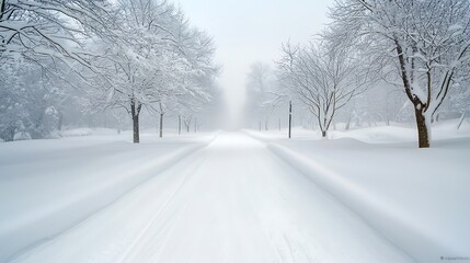 Obraz premium A serene winter road surrounded by majestic snow-blanketed trees creating a dreamlike landscape of tranquility and beauty