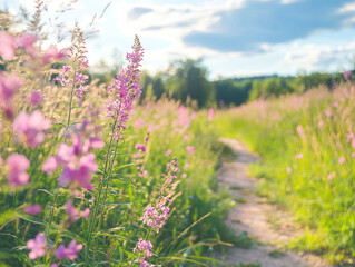 Obraz premium Meadow Path Background with Wildflowers