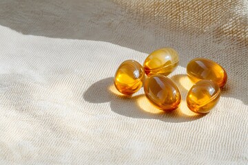 golden-colored fish oil softgels on a light beige background