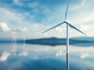 Fototapeta premium Wind turbines reflected on a calm lake, soft watercolor ripples blurring the image, illustrating peaceful coexistence between energy production and the environment