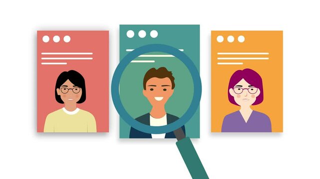 Hire employee and recruiting people For a Job Concept Animation. Choosing The Right Person Using Magnifying Glass Over Three candidates CVs.  