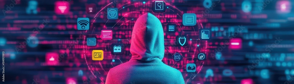 Poster VPN protection icons surrounding a hacker in flat design, top view, tech privacy theme, 3D render, vivid