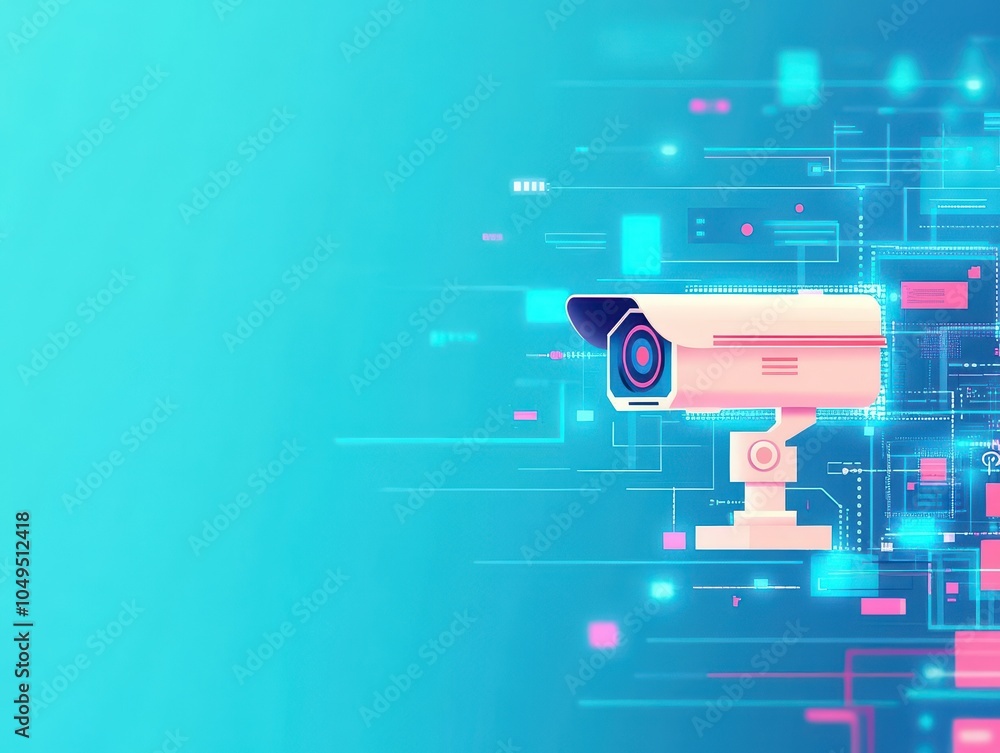 Poster Security camera network monitoring hacker activity in flat design, side view, urban theme, animation, Splitcomplementary color scheme