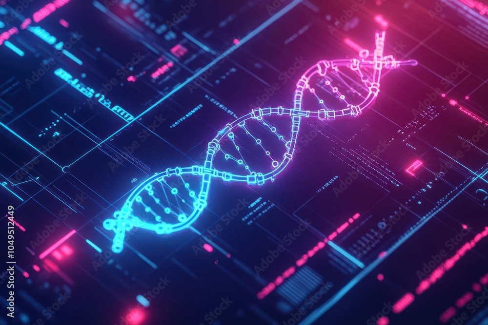 Poster scifi banner with illuminated dna strand and molecular diagrams, cool neon lights casting shadows, s
