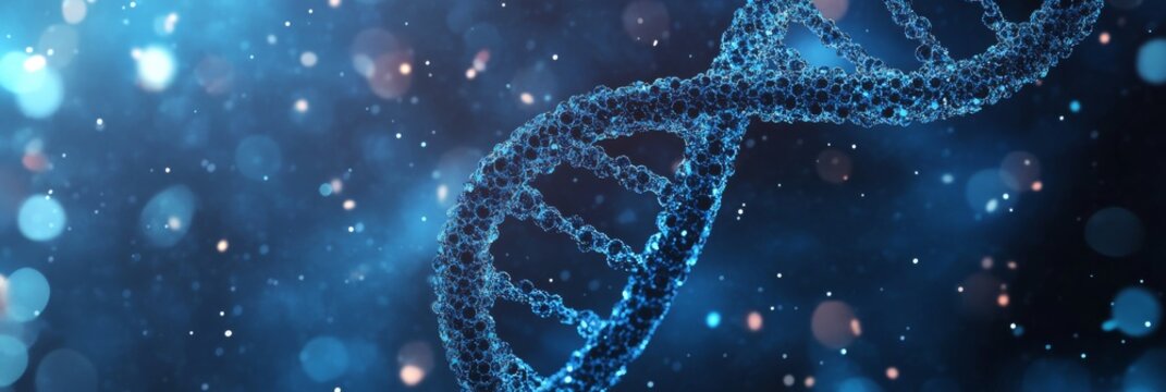 A captivating DNA hologram on a dark background symbolizes advancements in science, medicine, and biotechnology, illustrating the complexity of life and ongoing research and discovery