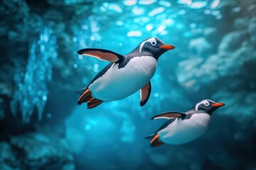 Fototapeta premium Penguins gliding underwater in an icy cavern, Fantasy, Cool colors, 3D rendering, Ice formations with glowing blue lights
