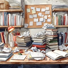 A cluttered study desk with stacks of books and crumpled papers, illuminated by a warm lamp, evoking a creative yet chaotic atmosphere.