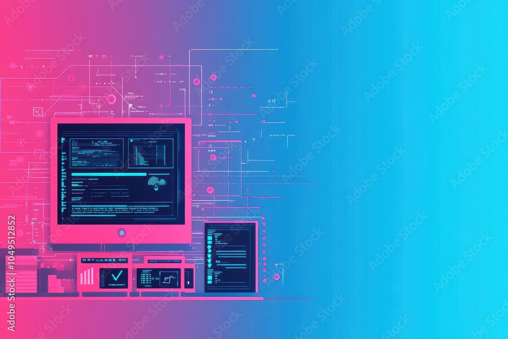 Poster Network protection software scanning hacker attempts in flat design, side view, tech startup theme, cartoon drawing, Complementary Color Scheme