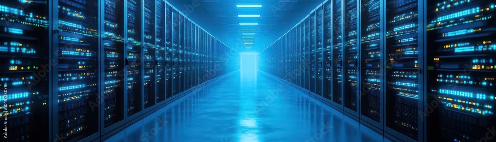 Poster massive server room glowing with cool blue light, lowangle shot, endless rows of machines stretching