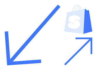 Blue arrows point in opposite directions next to a shopping bag with the letter S. Ideal for business presentations online shopping advertising consumer behavior educational materials minimalist