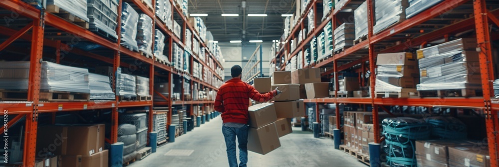 Fototapete multiple workers are actively moving boxes and pallets throughout a bustling warehouse lined with sh