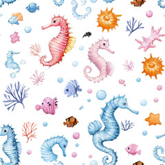 Watercolor seamless pattern of seahorses, isolate on white background. PNG