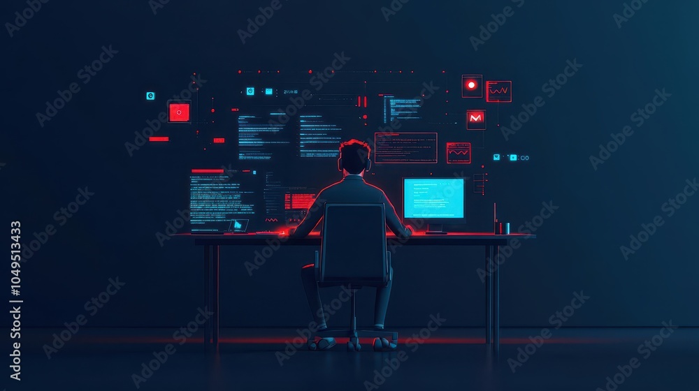 Aufkleber hacker in a dark room, blocked by antivirus protection in flat design, front view, noir theme, anima