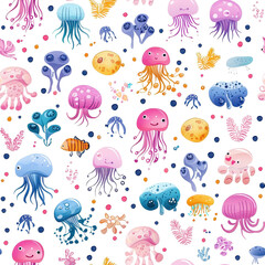 Naklejka premium Flat style seamless pattern of jellyfish, isolate on white background. PNG