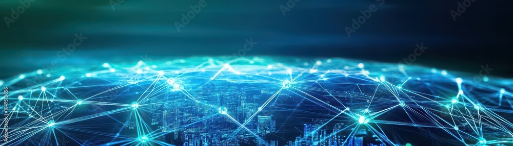 Poster global networking scene with digital lines connecting different cities, abstract, blue and green ton