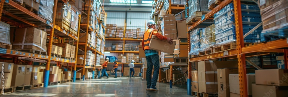Aufkleber employees are moving boxes and pallets throughout a crowded warehouse, surrounded by tall shelves st