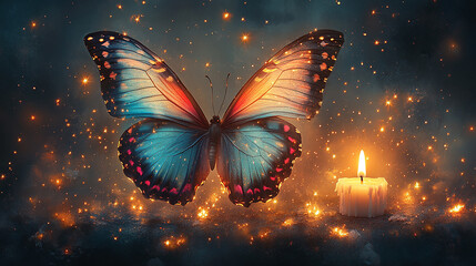 A beautiful blue and orange butterfly near a lit candle. Soft lights around. transgender day of remembrance