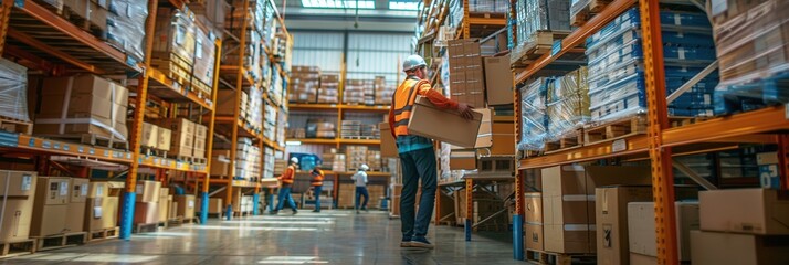 Employees are moving boxes and pallets throughout a crowded warehouse, surrounded by tall shelves stocked with various products. Generative AI