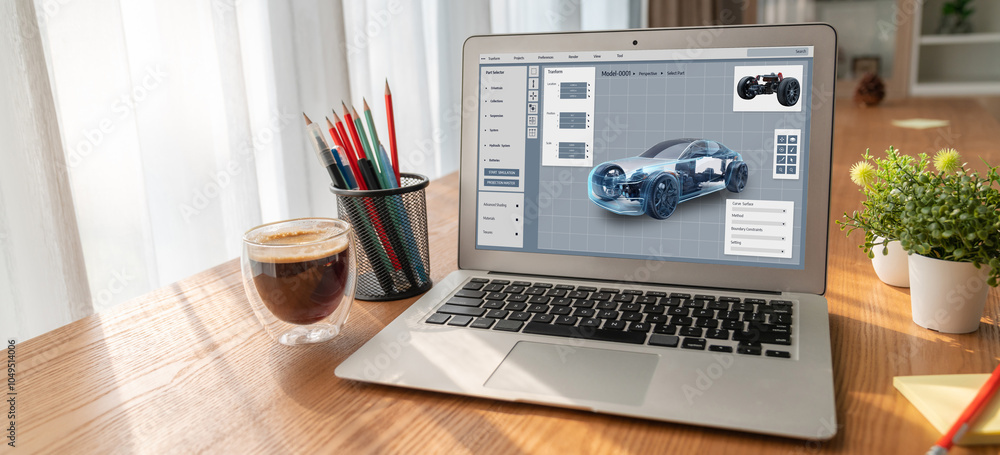 Poster electric car design software on computer screen showing simulation blueprint snugly by digital calcu