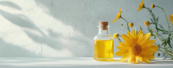 Front view arnica flower with oil bottle on light surface, skincare ingredient with copy space