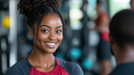 Fototapeta premium Happy African American Woman Smiling at Gym Fitness Motivation Healthy Lifestyle