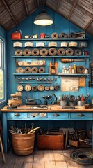 Vintage Workshop Interior with Tools and Equipment.