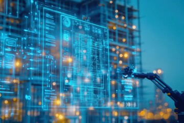 Obraz premium Engineers using holographic blueprints to guide robotic arms during the construction of a highrise building