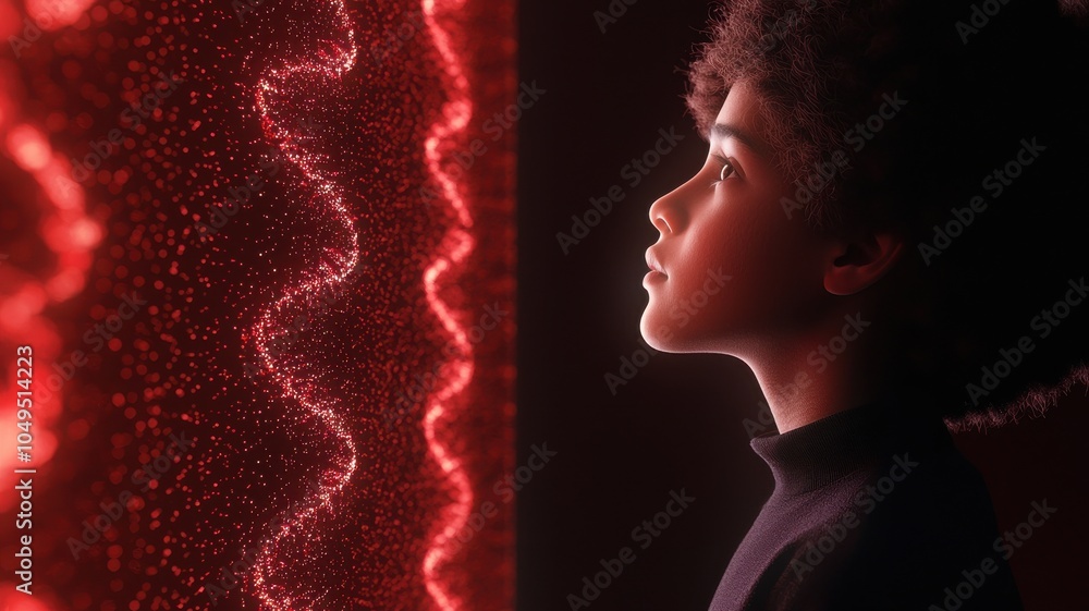 Poster a child gazes at a glowing red pattern, showing wonder and curiosity, symbolizing the intersection o