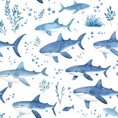 Fototapeta premium Watercolor seamless pattern of whale sharks, isolate on white background. PNG