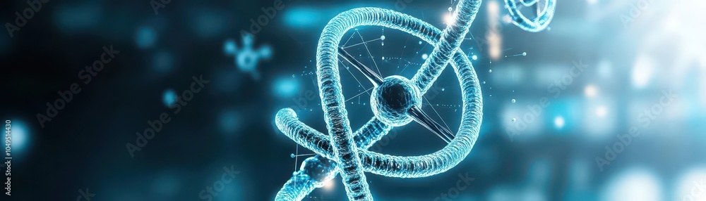 Poster dna helix wrapped around a hightech banner, molecules orbiting in a soft blue glow, shot from a fron