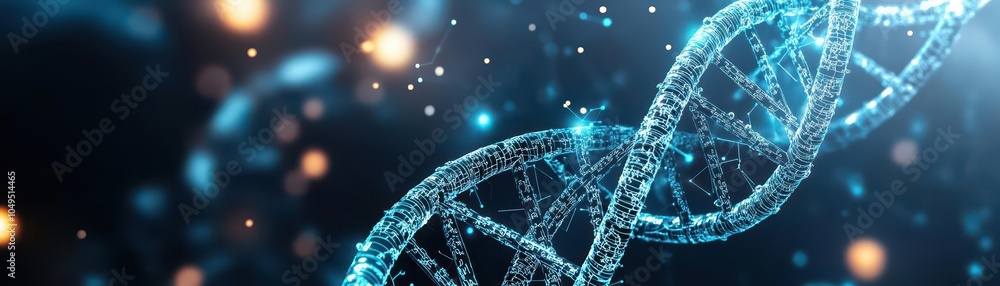 Poster DNA helix and molecular patterns etched into a translucent banner, bathed in soft blue light, shot from a slightly low angle for a grand effect, with a minimalist background