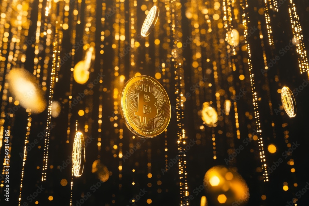 Poster an abstract artistic portrayal of digital gold coins elegantly cascading through a dynamic backdrop 