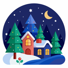 Christmas eve night scene silhouette vector illustration on white background